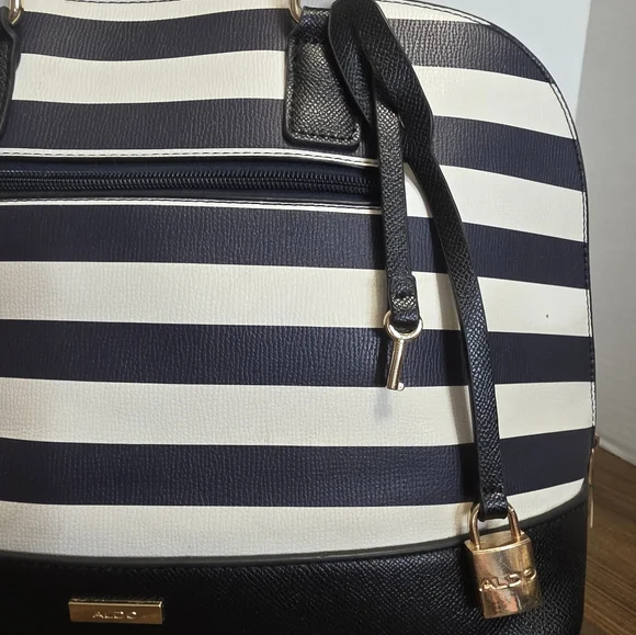 Aldo Navy and White Striped Satchel with Lock & Key - Picture 4 of 13